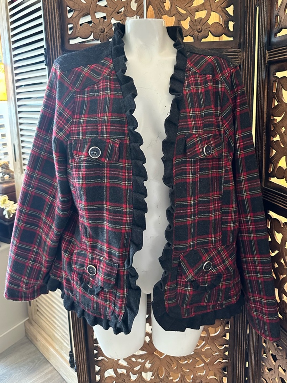 Vintage Dollhouse Plaid / Tartan Red & Gray Blazer / Jacket w/ Ruffle & Pockets.